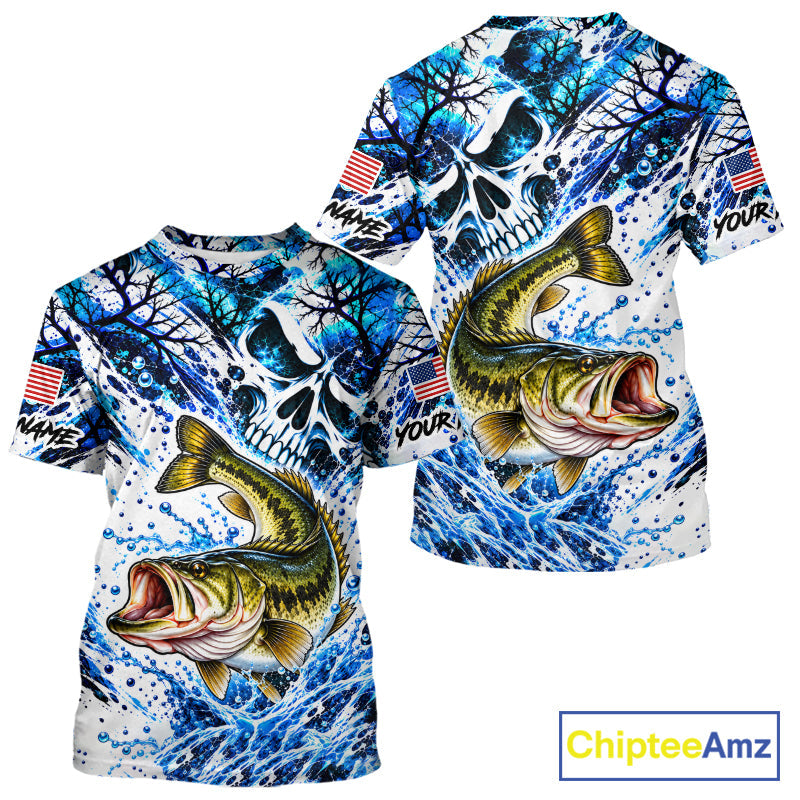 Largemouth Bass Fishing Shirt Custom Skull Blue Splash Water US Flag Short Sleeve Apparel