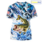 Largemouth Bass Fishing Shirt Custom Skull Blue Splash Water US Flag Short Sleeve Apparel