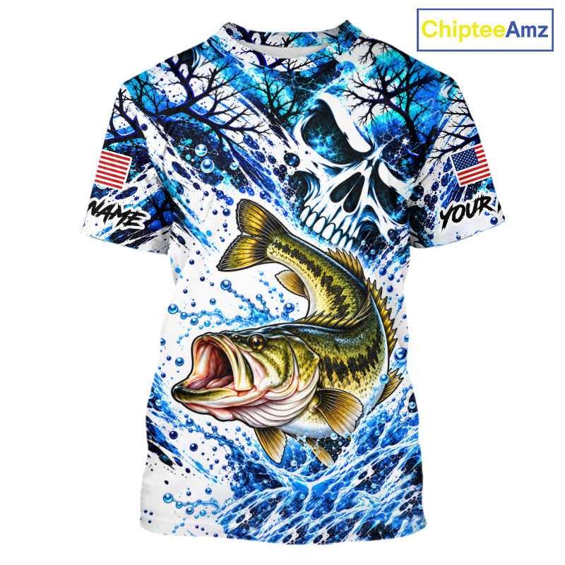 Largemouth Bass Fishing Shirt Custom Skull Blue Splash Water US Flag Short Sleeve Apparel