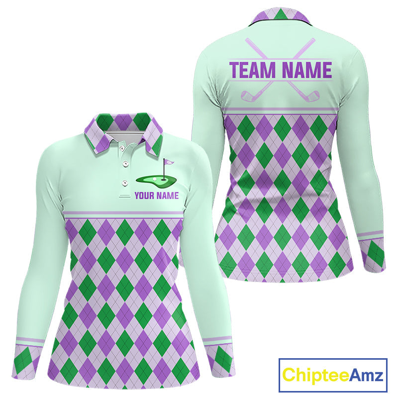 Green Purple Argyle Golf Polo Shirt Personalized Golf Shirt Golf Outfit Family Team Shirts