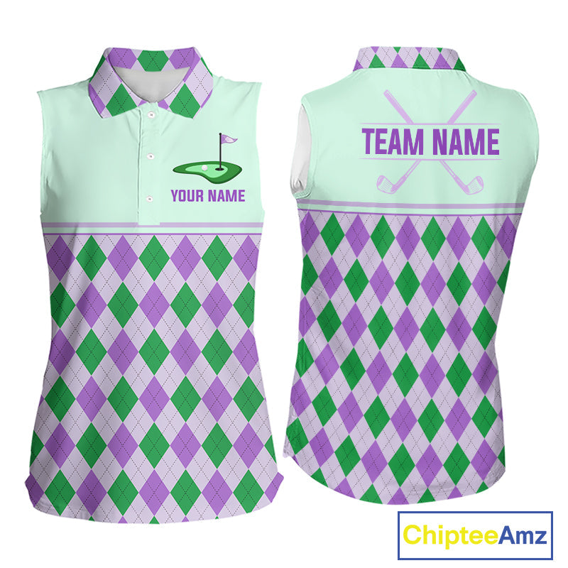 Green Purple Argyle Golf Polo Shirt Personalized Sleeves Golf Shirt Golf Outfit Family Team Shirts