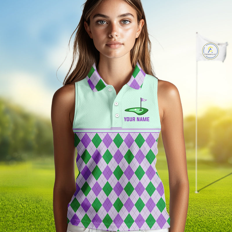 Green Purple Argyle Golf Polo Shirt Personalized Sleeves Golf Shirt Golf Outfit Family Team Shirts