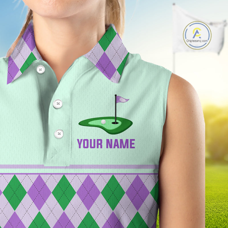 Green Purple Argyle Golf Polo Shirt Personalized Sleeves Golf Shirt Golf Outfit Family Team Shirts