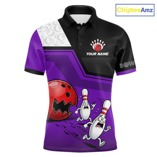 Custom Bowling Team Polo Shirt Purple Funny Pins Ball Design, Personalized Bowling Team Jersey