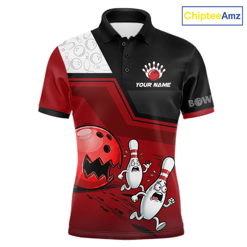 Custom Bowling Team Polo Shirt Red Funny Pins Ball Design, Personalized Bowling Team Jersey