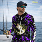 Purple Neon Bass Fish Hooded Fishing Shirt Custom Outdoor Sports Angler Long Sleeve Performance Jersey