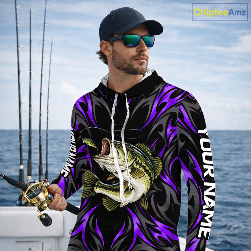Purple Neon Bass Fish Hooded Fishing Shirt Custom Outdoor Sports Angler Long Sleeve Performance Jersey