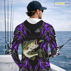 Purple Neon Bass Fish Hooded Fishing Shirt Custom Outdoor Sports Angler Long Sleeve Performance Jersey