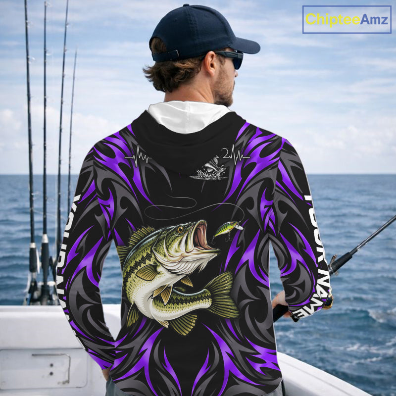 Purple Neon Bass Fish Hooded Fishing Shirt Custom Outdoor Sports Angler Long Sleeve Performance Jersey
