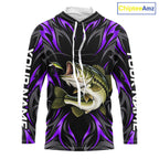 Purple Neon Bass Fish Hooded Fishing Shirt Custom Outdoor Sports Angler Long Sleeve Performance Jersey