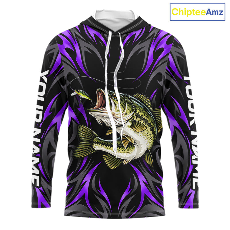 Purple Neon Bass Fish Hooded Fishing Shirt Custom Outdoor Sports Angler Long Sleeve Performance Jersey
