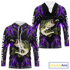 Purple Neon Bass Fish Hooded Fishing Shirt Custom Outdoor Sports Angler Long Sleeve Performance Jersey