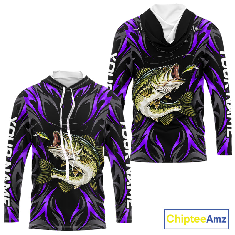 Purple Neon Bass Fish Hooded Fishing Shirt Custom Outdoor Sports Angler Long Sleeve Performance Jersey