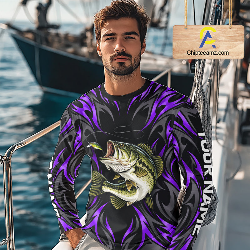 Purple Neon Bass Fish Fishing Shirt Custom Outdoor Sports Angler Long Sleeve Performance Jersey