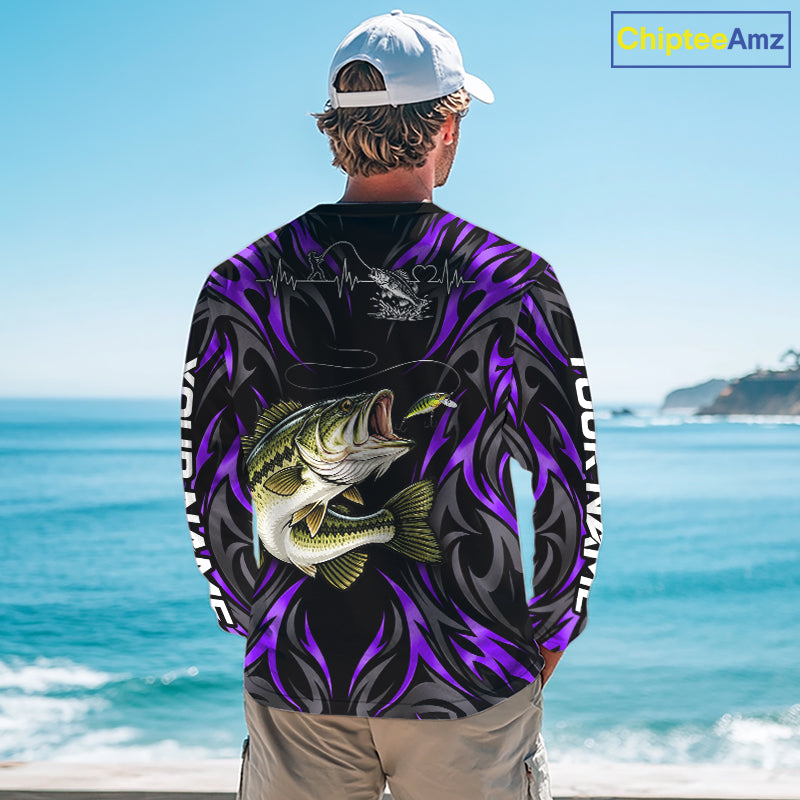 Purple Neon Bass Fish Fishing Shirt Custom Outdoor Sports Angler Long Sleeve Performance Jersey
