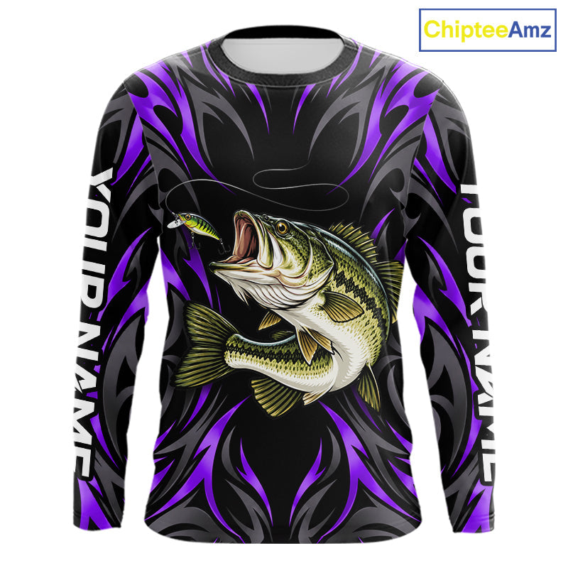 Purple Neon Bass Fish Fishing Shirt Custom Outdoor Sports Angler Long Sleeve Performance Jersey