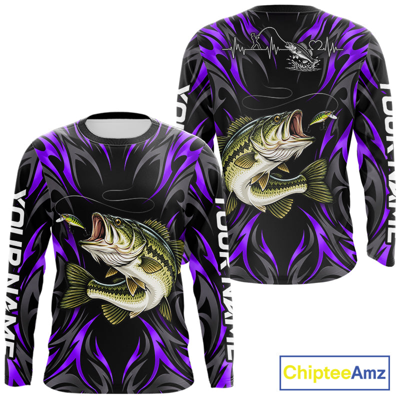 Purple Neon Bass Fish Fishing Shirt Custom Outdoor Sports Angler Long Sleeve Performance Jersey