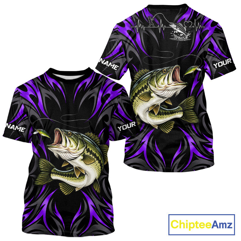 Purple Neon Bass Fish Fishing Shirt Custom Outdoor Sports Angler Short Sleeve Performance Jersey