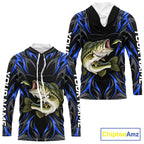 Blue Neon Bass Fish Hooded Fishing Shirt Custom Outdoor Sports Angler Long Sleeve Performance Jersey