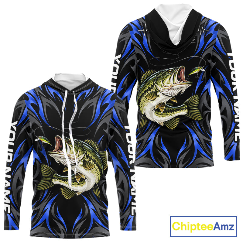 Blue Neon Bass Fish Hooded Fishing Shirt Custom Outdoor Sports Angler Long Sleeve Performance Jersey