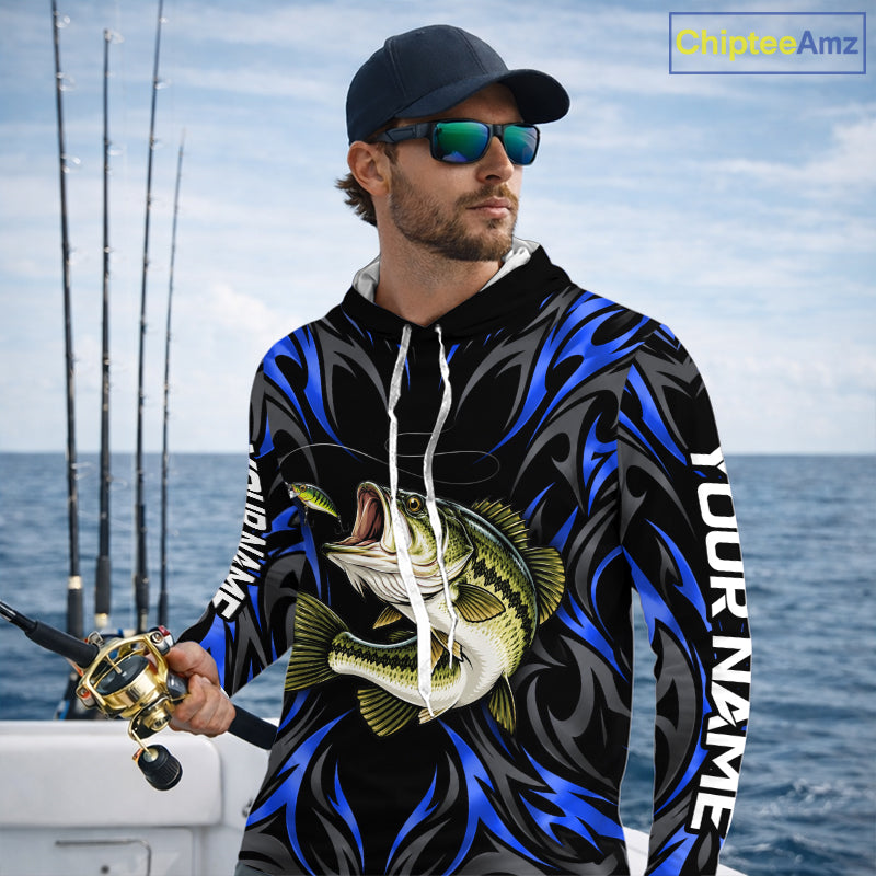 Blue Neon Bass Fish Hooded Fishing Shirt Custom Outdoor Sports Angler Long Sleeve Performance Jersey