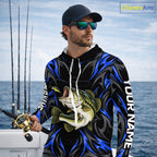Blue Neon Bass Fish Hooded Fishing Shirt Custom Outdoor Sports Angler Long Sleeve Performance Jersey
