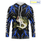 Blue Neon Bass Fish Hooded Fishing Shirt Custom Outdoor Sports Angler Long Sleeve Performance Jersey