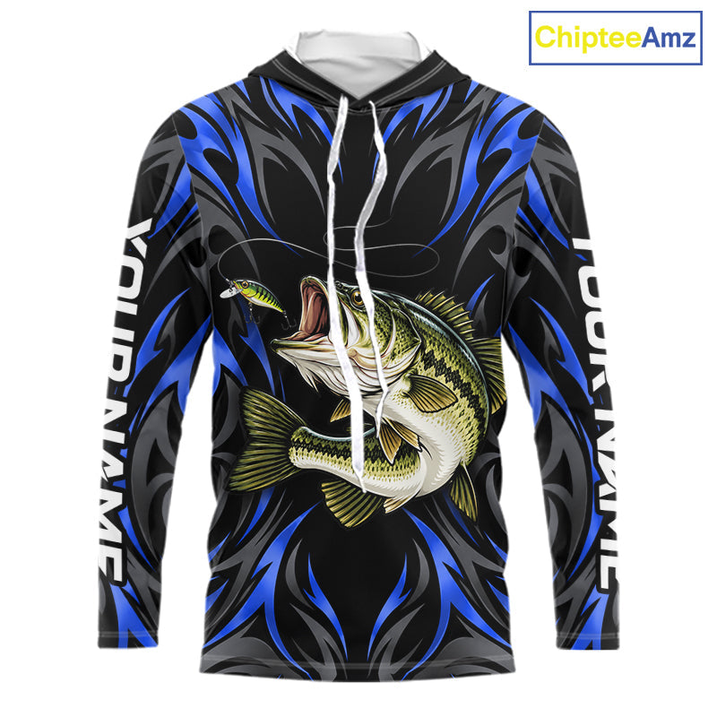 Blue Neon Bass Fish Hooded Fishing Shirt Custom Outdoor Sports Angler Long Sleeve Performance Jersey