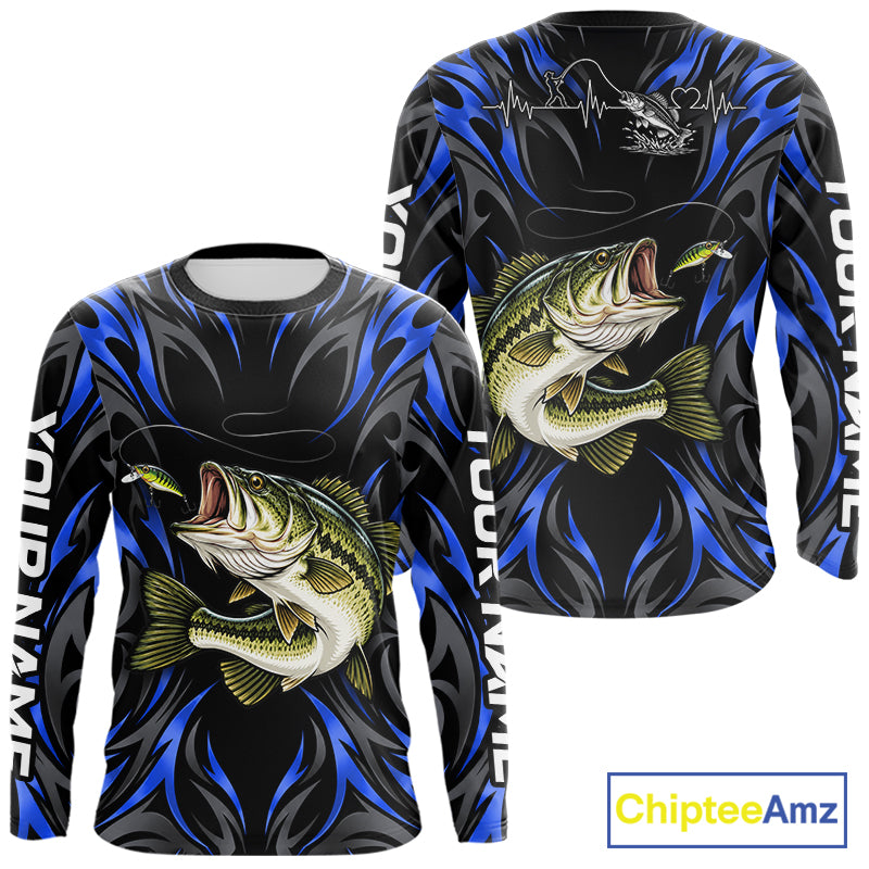 Blue Neon Bass Fish Fishing Shirt Custom Outdoor Sports Angler Long Sleeve Performance Jersey