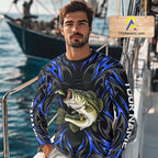 Blue Neon Bass Fish Fishing Shirt Custom Outdoor Sports Angler Long Sleeve Performance Jersey