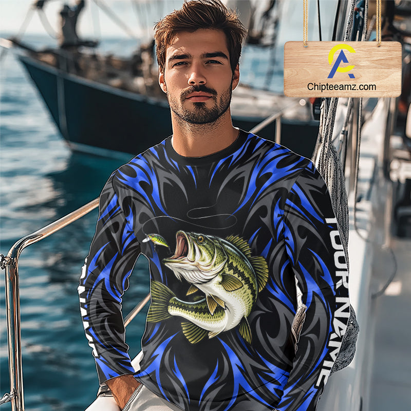 Blue Neon Bass Fish Fishing Shirt Custom Outdoor Sports Angler Long Sleeve Performance Jersey