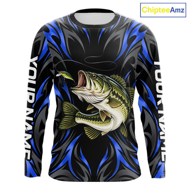 Blue Neon Bass Fish Fishing Shirt Custom Outdoor Sports Angler Long Sleeve Performance Jersey