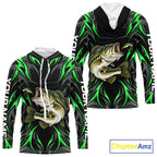 Green Neon Bass Fish Hooded Fishing Shirt Custom Outdoor Sports Angler Long Sleeve Performance Jersey