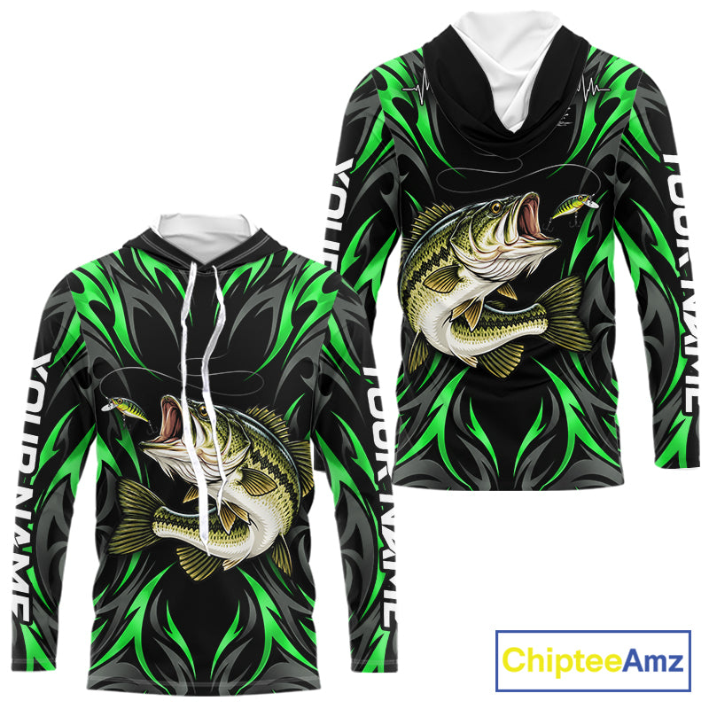 Green Neon Bass Fish Hooded Fishing Shirt Custom Outdoor Sports Angler Long Sleeve Performance Jersey