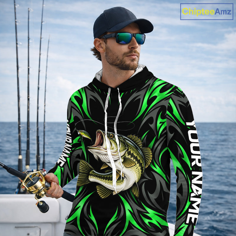 Green Neon Bass Fish Hooded Fishing Shirt Custom Outdoor Sports Angler Long Sleeve Performance Jersey