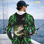 Green Neon Bass Fish Hooded Fishing Shirt Custom Outdoor Sports Angler Long Sleeve Performance Jersey