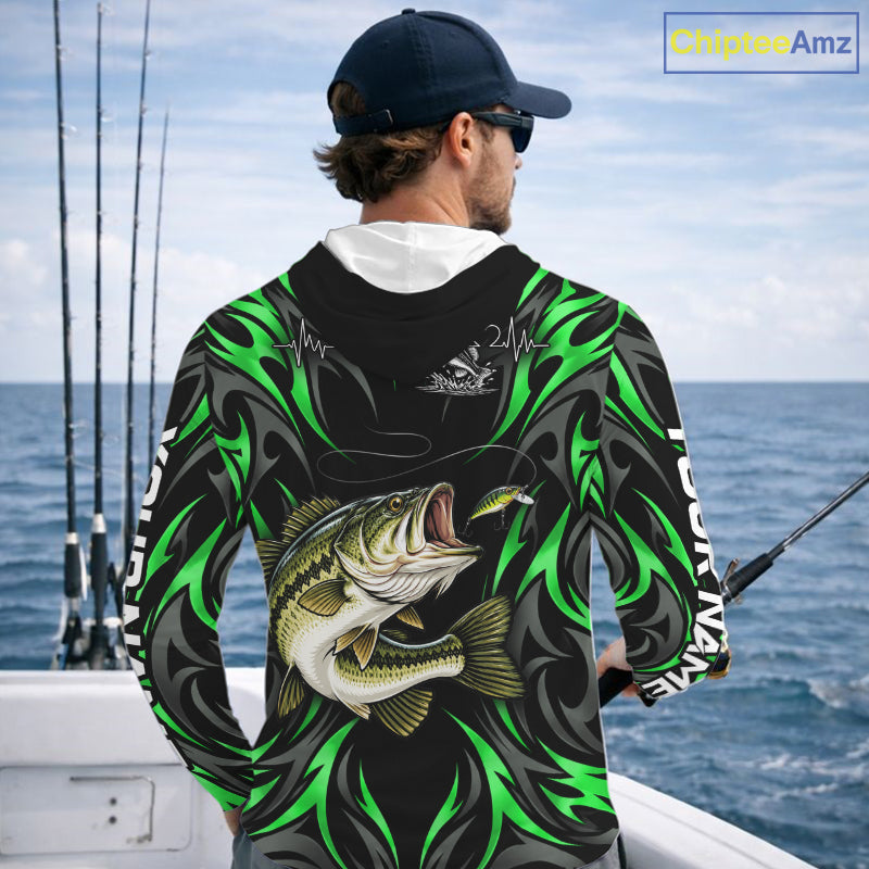Green Neon Bass Fish Hooded Fishing Shirt Custom Outdoor Sports Angler Long Sleeve Performance Jersey