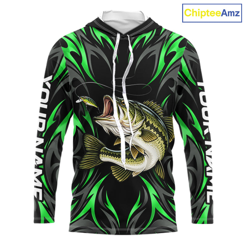 Green Neon Bass Fish Hooded Fishing Shirt Custom Outdoor Sports Angler Long Sleeve Performance Jersey
