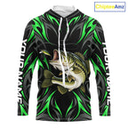 Green Neon Bass Fish Hooded Fishing Shirt Custom Outdoor Sports Angler Long Sleeve Performance Jersey