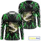 Green Neon Bass Fish Fishing Shirt Custom Outdoor Sports Angler Long Sleeve Performance Jersey