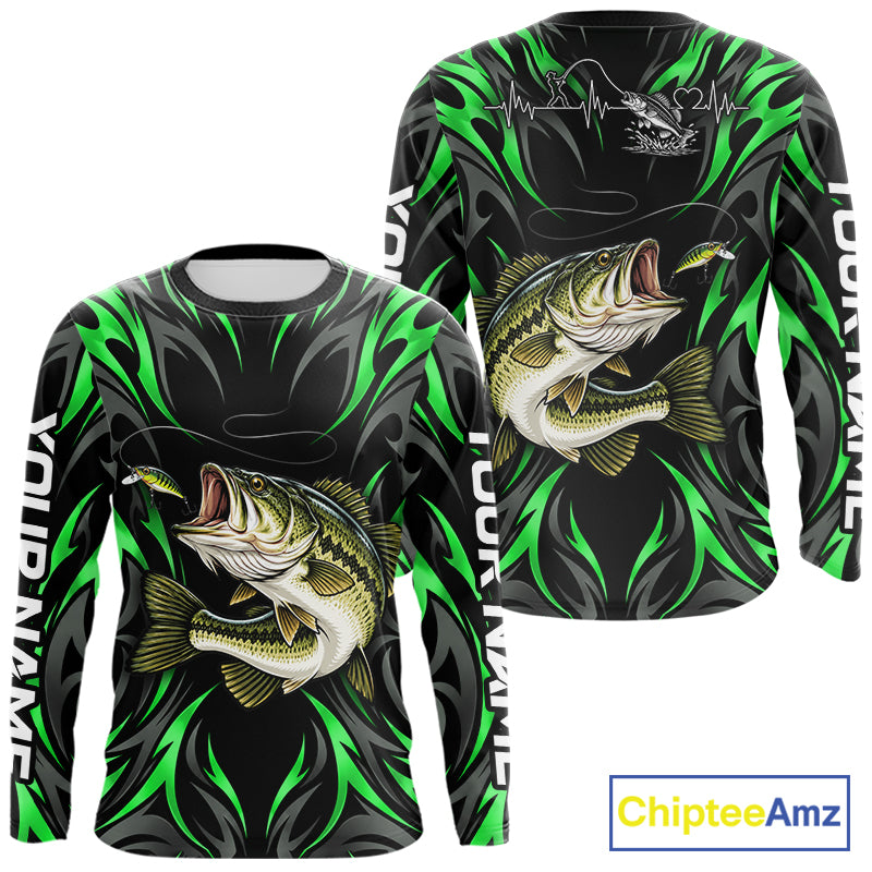 Green Neon Bass Fish Fishing Shirt Custom Outdoor Sports Angler Long Sleeve Performance Jersey