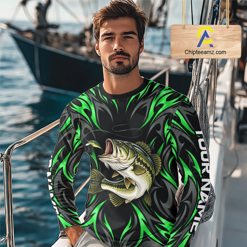 Green Neon Bass Fish Fishing Shirt Custom Outdoor Sports Angler Long Sleeve Performance Jersey