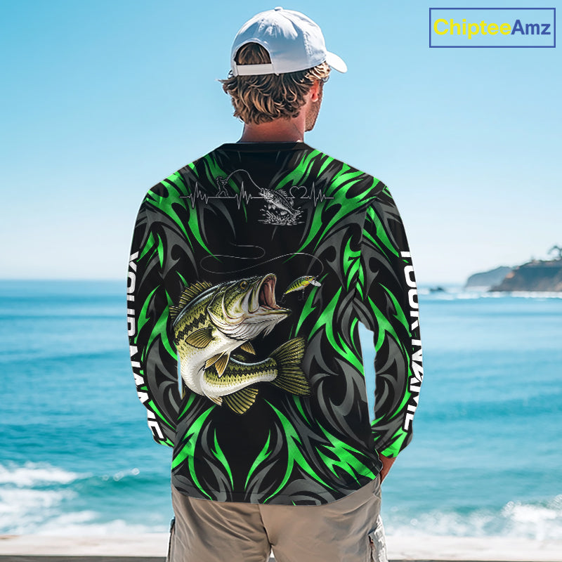 Green Neon Bass Fish Fishing Shirt Custom Outdoor Sports Angler Long Sleeve Performance Jersey