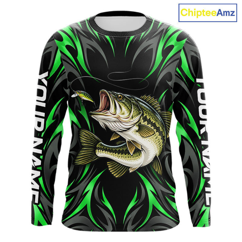 Green Neon Bass Fish Fishing Shirt Custom Outdoor Sports Angler Long Sleeve Performance Jersey