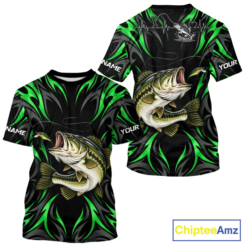 Green Neon Bass Fish Fishing Shirt Custom Outdoor Sports Angler Short Sleeve Performance Jersey