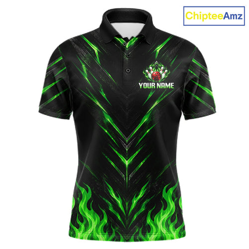 Custom Bowling Polo Shirt, Green Flame Bowling Shirt, Personalized Name Team Bowling Polo