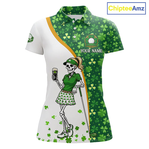 Custom St. Patrick's Day Golf Polo Shirt – Shamrock Skeleton Lady Golfer Personalized Team