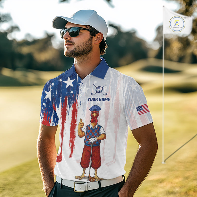 Funny Rooster American Flag Golf White Golf Polo Shirts Custom Name Golf Gifts