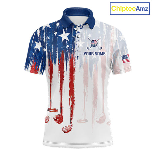 Personalized American Flag Golf White Golf Polo Shirts Custom Name Golf Gifts