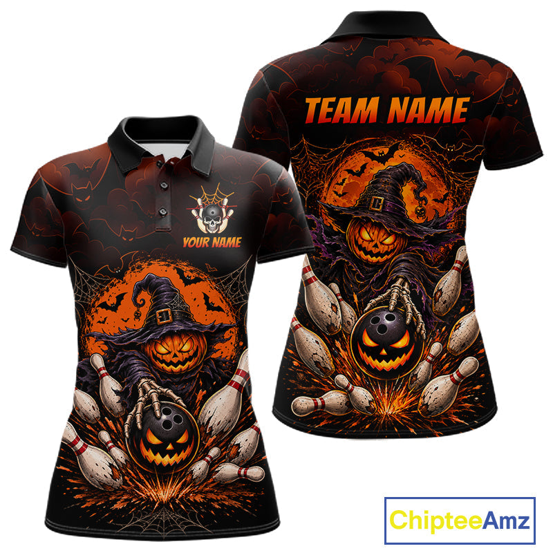 Custom Halloween Bowling Shirt, Personalized Team Name Pumpkin Bowling Polo, Halloween Gift